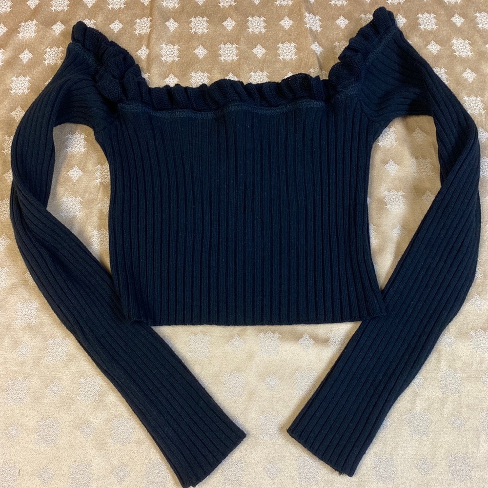 Ladies Off the Shoulder, Black L/S Cropped Sweater, M/L